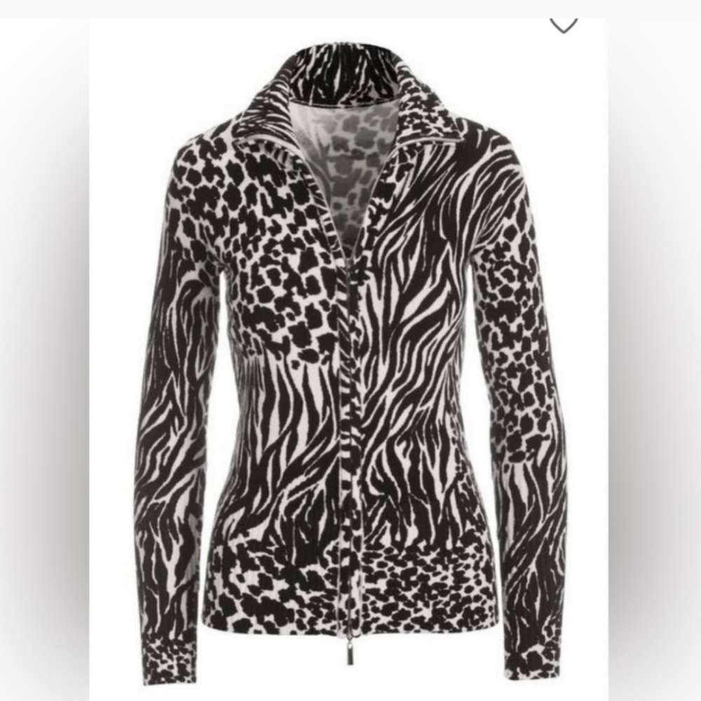 BOSTON PROPER ZIP FRONT ZEBRA BLOCK PRINT SWEATER SIZE 0 BLACK & BONE  ☆ - Picture 6 of 13